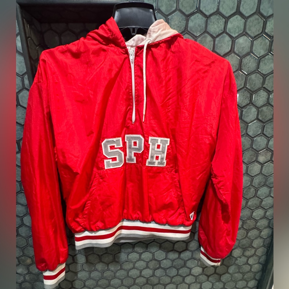 Vintage Women’s Red Pullover Hoodie Varsity Letter‎ Jacket Windbreaker Small